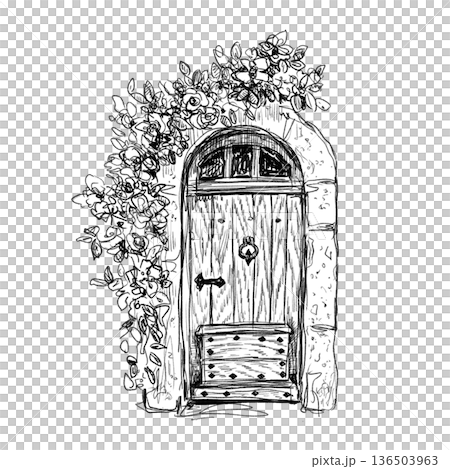 Southern France, Provence-style floral door line drawing illustration (transparent PNG) Southern France, Provence-style floral door line drawing illustration (transparent PNG) 136503963