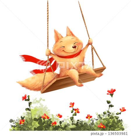 Happy hand-drawn fox character with red scarf sitting on wooden swing above green bushes. Playful scene ideal for summer break designs, preschool decor, and children's imagination themes. Happy hand-drawn fox character with red scarf sitting on wooden swing above green bushes. Playful scene ideal for summer break designs, preschool decor, and children's imagination themes. 136503981