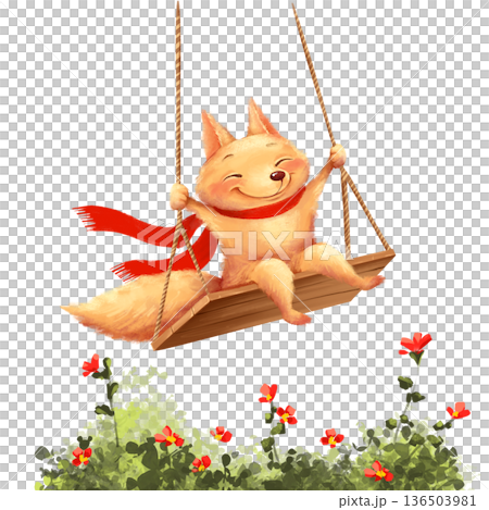 Happy hand-drawn fox character with red scarf sitting on wooden swing above green bushes. Playful scene ideal for summer break designs, preschool decor, and children's imagination themes. Happy hand-drawn fox character with red scarf sitting on wooden swing above green bushes. Playful scene ideal for summer break designs, preschool decor, and children's imagination themes. 136503981