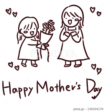 母の日に女の子が母親に花束を渡すシンプルな線画イラスト 136504170