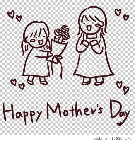 一幅簡單的線條畫，描繪了一個女孩在母親節送給媽媽一束鮮花。 136504170