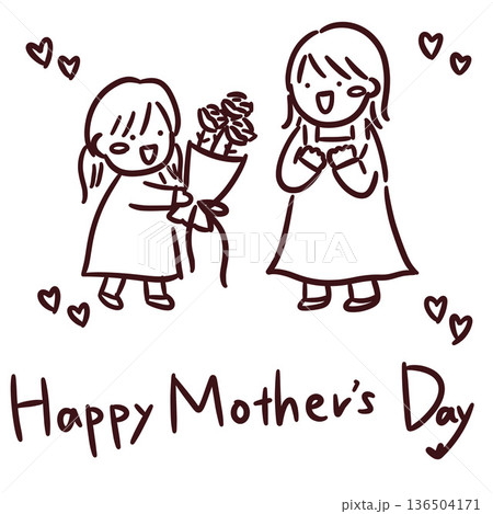 母の日に女の子が母親に花束を渡すシンプルな線画イラスト 136504171