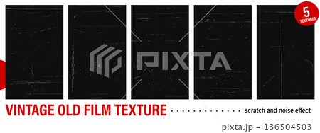 Film overlay collection. Dirty scratched paper texture. Distressed retro background for old cinema or photo effect. Vintage grunge bg. 136504503
