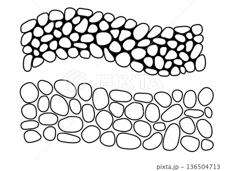 Cobblestone garden roads set, irregular stone outline texture. Vector sidewalk, gravel path isolated on white 136504713