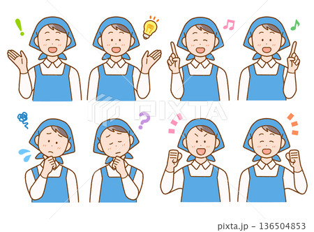 三角巾のスタッフ(男性)イラスト8点セット｜調理・清掃・店員 136504853