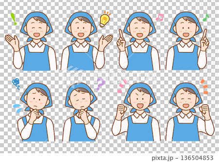 三角巾のスタッフ(男性)イラスト8点セット｜調理・清掃・店員 136504853