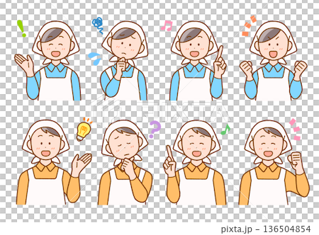 一組8張員工(男女)佩戴三角繃帶的插圖 | 廚師、清潔工、店員 一組8張員工(男女)佩戴三角繃帶的插圖 | 廚師、清潔工、店員 136504854