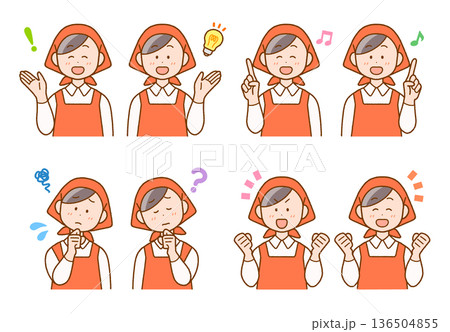 三角巾のスタッフ(女性)イラスト8点セット|調理・清掃・店員 三角巾のスタッフ(女性)イラスト8点セット|調理・清掃・店員 136504855