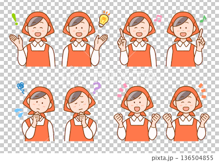 三角巾のスタッフ(女性)イラスト8点セット|調理・清掃・店員 三角巾のスタッフ(女性)イラスト8点セット|調理・清掃・店員 136504855