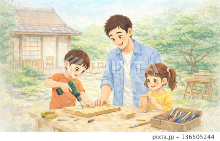 古民家でDIY作業を楽しむ親子の休日イラスト 136505244