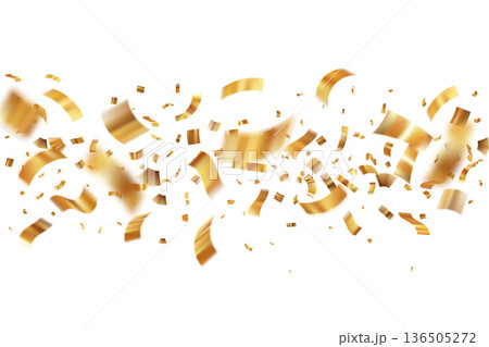Golden confetti explosion with flying ribbons and glitter particles. Festive birthday celebration background with sparkling yellow paper elements and decorative streamers isolated on white background. Golden confetti explosion with flying ribbons and glitter particles. Festive birthday celebration background with sparkling yellow paper elements and decorative streamers isolated on white background. 136505272