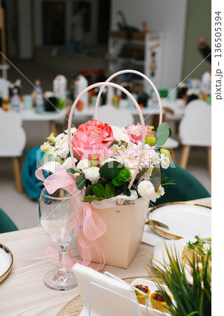 Bouquet Pink Flowers Gift Box Festive Table 136505394