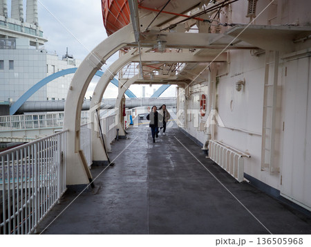 冬の名古屋港の観光スポット南極観測船ふじで遊んでいる女子中学生姉妹の姿	 136505968