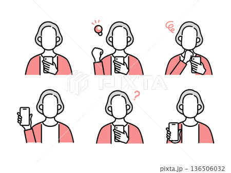 スマホ決済 シニア女性 表情セット 136506032