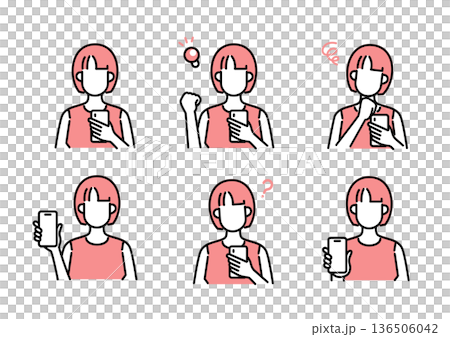 Smartphone payment young woman facial expression set Smartphone payment young woman facial expression set 136506042