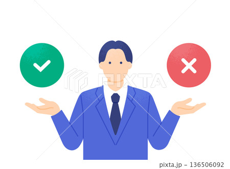 メリットとデメリットを比較するビジネスパーソン。OKとNGを掲げる男性のベクターイラスト素材。 136506092