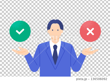 メリットとデメリットを比較するビジネスパーソン。OKとNGを掲げる男性のベクターイラスト素材。 136506092