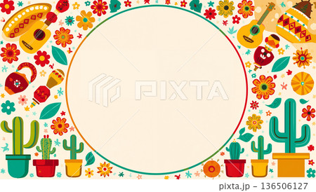 Festive Mexican border with traditional elements and copy space for celebrations 136506127