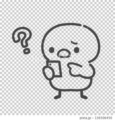 A hand-drawn line drawing of a chick holding a smartphone and worrying about something A hand-drawn line drawing of a chick holding a smartphone and worrying about something 136506450
