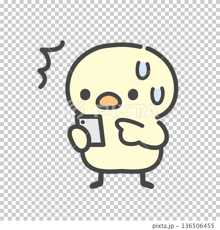 スマートフォンを見て驚く汗をかいたひよこの手描きイラスト 136506455