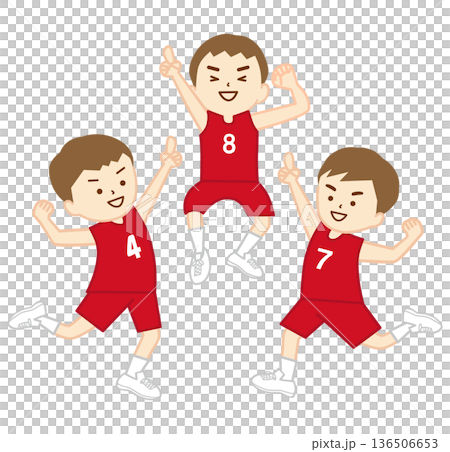 男孩們擺出第一名的姿勢慶祝贏得籃球比賽 136506653