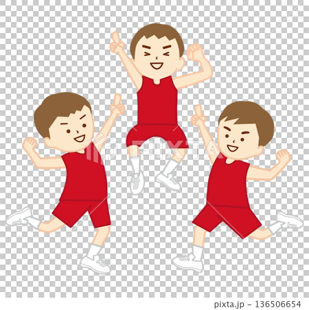 ナンバーワンのポーズで喜ぶユニフォーム姿の男の子たち(背番号なし) ナンバーワンのポーズで喜ぶユニフォーム姿の男の子たち(背番号なし) 136506654