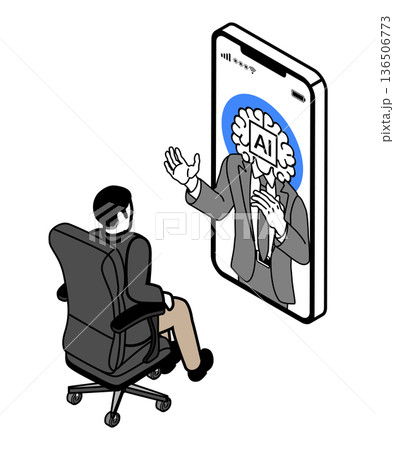 スマートフォンの中の擬人化AIに相談する若い男性経営者 136506773
