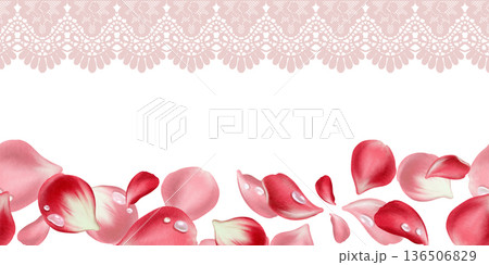 Passionate red petals with water droplets,soft pink openwork lace trim border.Romantic watercolor hues for Valentines Day,Mothers Day cards,wedding stationery,heartfelt celebrations 136506829