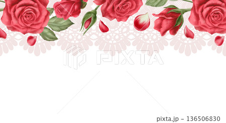 Passionate red roses,buds,scattered petals with soft pink openwork lace trim border.Romantic watercolor hues for Valentines Day,Mothers Day cards,wedding stationery,heartfelt celebrations Passionate red roses,buds,scattered petals with soft pink openwork lace trim border.Romantic watercolor hues for Valentines Day,Mothers Day cards,wedding stationery,heartfelt celebrations 136506830