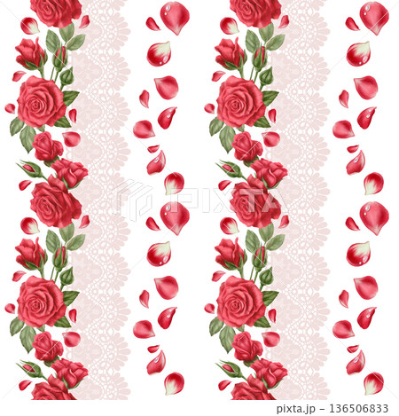 Passionate red roses,buds,scattered petals with soft pink openwork lace trim in seamless pattern.Romantic watercolor hues for Valentines Day,Mothers Day cards,wedding stationery,heartfelt celebrations Passionate red roses,buds,scattered petals with soft pink openwork lace trim in seamless pattern.Romantic watercolor hues for Valentines Day,Mothers Day cards,wedding stationery,heartfelt celebrations 136506833