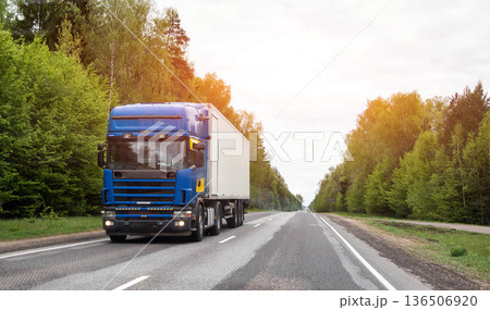 Blue heavy commercial truck with white semi-trailer transports cargo along open highway flanked by lush green forest under overcast sky during day 136506920