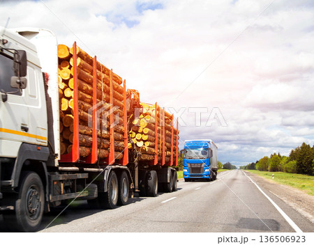 White logging truck transporting timber cargo on highway, blue semi-truck driving opposite direction, motion blur on forest road White logging truck transporting timber cargo on highway, blue semi-truck driving opposite direction, motion blur on forest road 136506923
