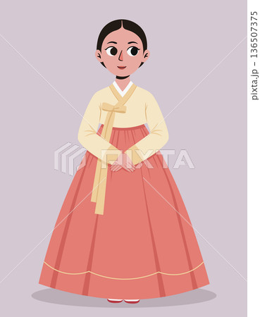 Graceful young woman wearing traditional korean hanbok dress, vector illustration isolated. Perfect for cultural events, heritage themes, and asian art Graceful young woman wearing traditional korean hanbok dress, vector illustration isolated. Perfect for cultural events, heritage themes, and asian art 136507375