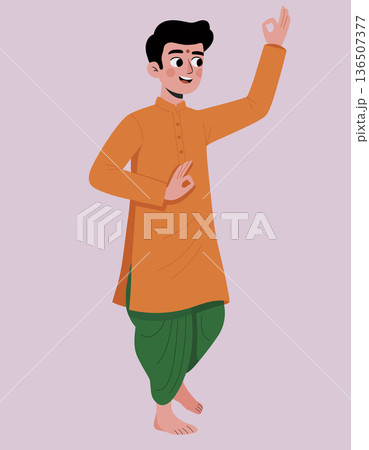 Joyful indian man dancing in a traditional pose with expressive movement, wearing colorful ethnic attire, perfect for cultural festival and celebration themes 136507377