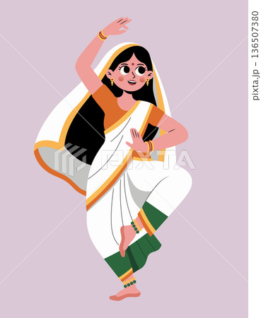 Graceful vector illustration of an indian classical dancer in traditional attire, draped in the saffron, white, orange, green colors of the indian flag Graceful vector illustration of an indian classical dancer in traditional attire, draped in the saffron, white, orange, green colors of the indian flag 136507380