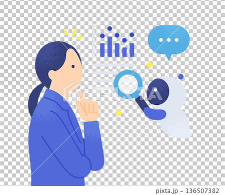 人工智慧分析並解釋圖表。圖中展示了人工智慧正在檢查數據，一位女商人從中獲得洞見。 136507382