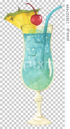 Watercolor summer drink cocktail set, tropical beverage glass with fruit juice, ice cubes, drinking straw, beach vibes coastal bar atmosphere, refreshing cold drink for summer vacation 136507494