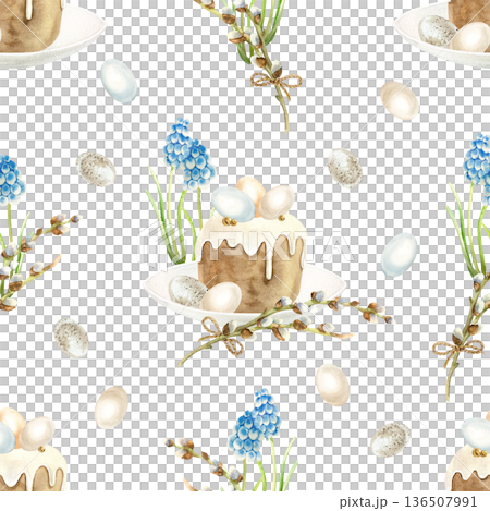 Easter seamless pattern with Easter cake, eggs, muscari flowers and willow branches. Hand drawn watercolor illustration. Pastel clip art for wrapping paper, fabric and scrapbooking. Easter seamless pattern with Easter cake, eggs, muscari flowers and willow branches. Hand drawn watercolor illustration. Pastel clip art for wrapping paper, fabric and scrapbooking. 136507991