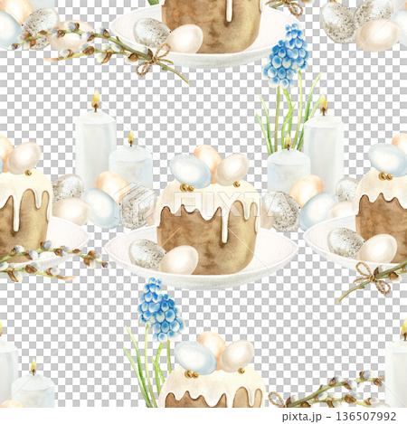 Easter cake seamless pattern. Glazed pastry decorated with eggs, willow branches, muscari flowers and candles. Hand drawn watercolor illustration for wrapping paper, fabric and scrapbooking. 136507992