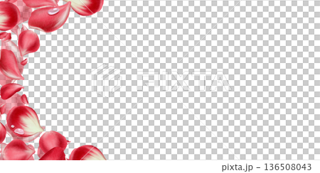 Semicircle floral template of red rose petals with fresh morning dew drops.Painted in soft watercolor with delicate textures,elegant design for romantic branding,wedding decor,luxury paper goods 136508043