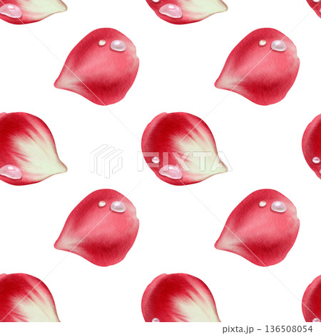 Floral seamless pattern of lush red rose petals adorned with glistening water droplets.Romantic watercolor design with soft textures for Valentine's Day branding,wedding stationery,invitation Floral seamless pattern of lush red rose petals adorned with glistening water droplets.Romantic watercolor design with soft textures for Valentine's Day branding,wedding stationery,invitation 136508054