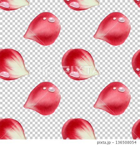 Floral seamless pattern of lush red rose petals adorned with glistening water droplets.Romantic watercolor design with soft textures for Valentine's Day branding,wedding stationery,invitation Floral seamless pattern of lush red rose petals adorned with glistening water droplets.Romantic watercolor design with soft textures for Valentine's Day branding,wedding stationery,invitation 136508054