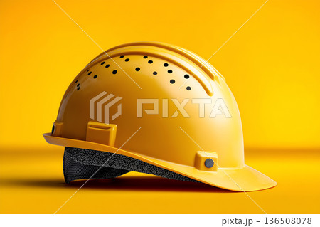 Yellow hard hat on vibrant background showcasing safety equipment design 136508078