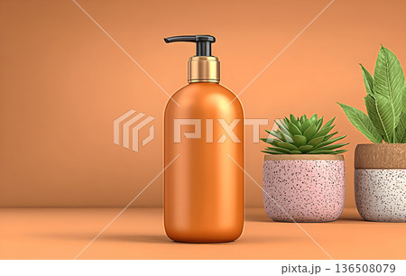 Orange cosmetic bottle with plants on minimalistic background 136508079