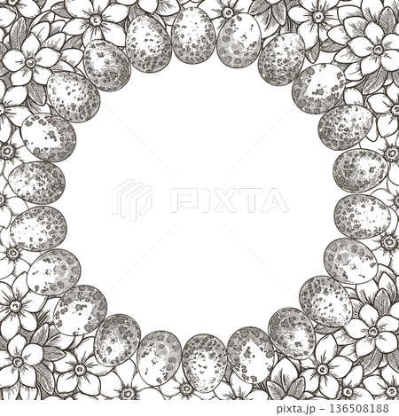 Square background with quail Easter egg wreath and flower in vintage sketch style. Hand drawn line vector design. Floral frame with copy space. Perfect for greeting card and spring holiday template. Square background with quail Easter egg wreath and flower in vintage sketch style. Hand drawn line vector design. Floral frame with copy space. Perfect for greeting card and spring holiday template. 136508188