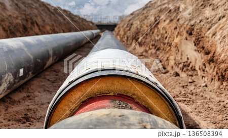 Workers are laying a large pipeline in a trench at a construction site. The ground is dry and sandy, with a clear sky above 136508394