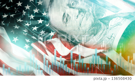 Money and currency trends with the US flag in the background during market activity 136508430