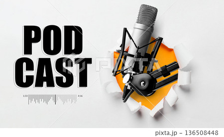 Recording a podcast with microphone setup and creative background design 136508448