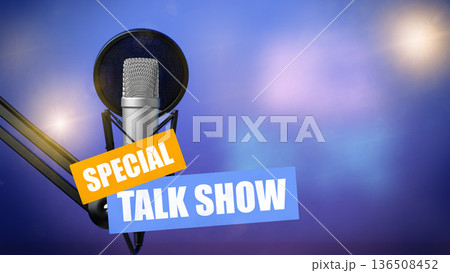 Podcast setup with microphone and text for special talk show broadcast 136508452