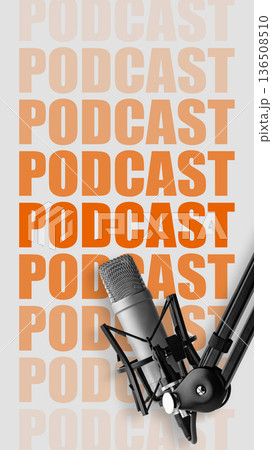 Podcast recording setup with microphone and repeating text backdrop in simple design Podcast recording setup with microphone and repeating text backdrop in simple design 136508510